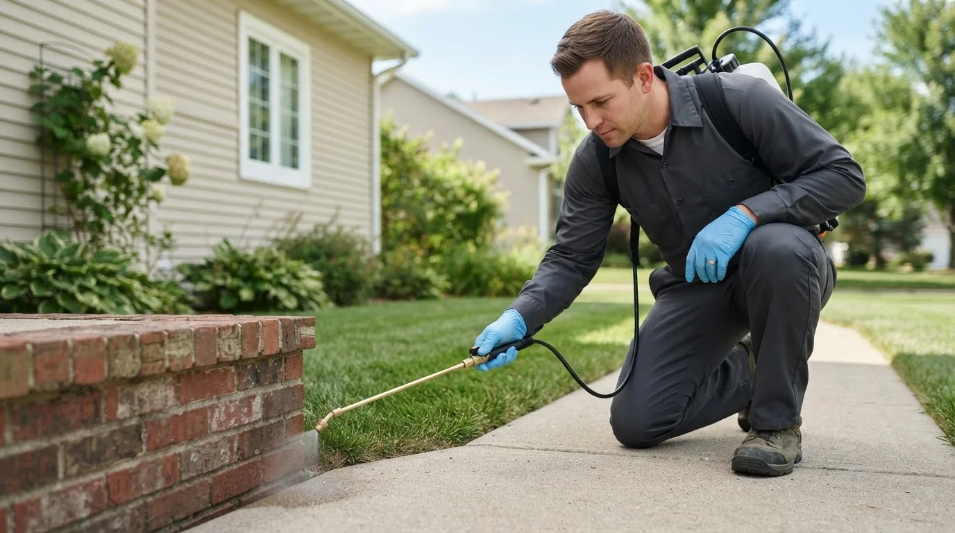 Pest control technician treating a home near Chicken, AK